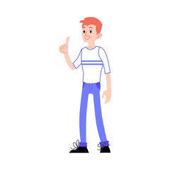 Vector smiling male character pointing out with index finger coming up with an exiting idea. Young man with eureca moment. Concept of creativity, brainstorming and imagination
