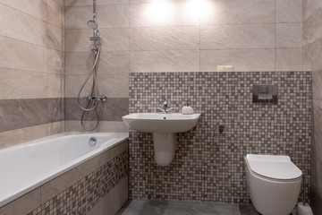 Naklejka na ściany i meble interior of modern bathroom with bath, shower and toilet