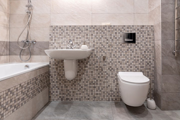 Naklejka na ściany i meble interior of modern bathroom with bath, shower and toilet