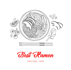 Hand drawn vector vegetable noodles Ramen soup sketch, made of mushroom, tomato, lime and sesame. Vegetarian Asian food, simple line drawing menu decoration.