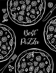 Hand drawn vector vegetable pizza sketch, made of tomato, basil, mushrooms and olives. Vegetarian food,  pizza line drawing. Black and white.