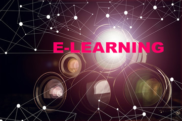 Different video making equipment on brown wooden table with copy space. indie movie production essentials