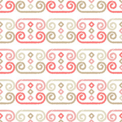 Ethnic boho seamless pattern. A mosaic of stripes and squiggles. Traditional ornament. Tribal pattern. Folk motif. Can be used for wallpaper, textile, invitation card, wrapping, web page background.