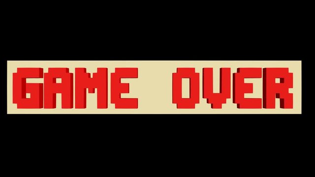 Game over, play again outro, pixelated lettering, rotating horizontal block, 3d animation on black background, fullHD video
