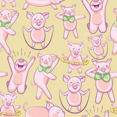 pattern with FUNNY PIGS. A set of pigs engaged in sports