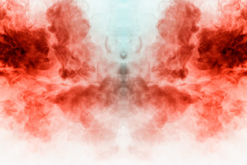 Background of blue and red wavy smoke on a white isolated ground in the shape oh the mystical ghost's head. Abstract pattern of steam from vape.