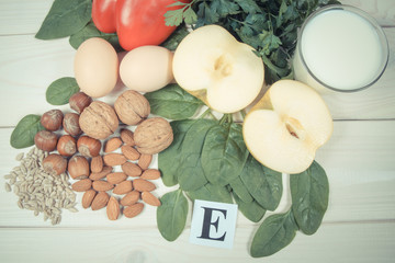 The ingredients of the dishes containing vitamin E. A healthy diet.