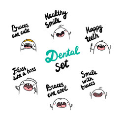 Dental set hand drawn illustrations with cute marshmallow wearing braces and cleaning teeth