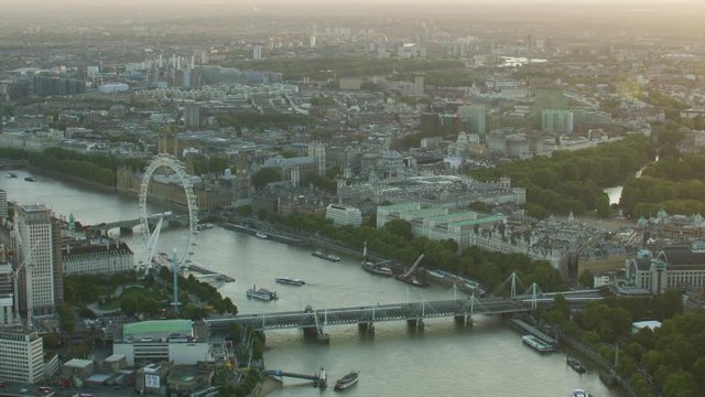 Aerial view at sunset River Thames landmarks London