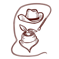 Cowboy Hat Bandana and Whip in Hand-Drawn Style