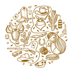 Round Composition with Wild West and Cowboy elements in Hand-Drawn Style