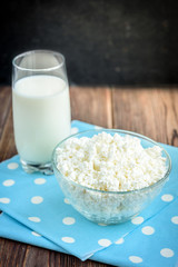 Cottage cheese and milk on wooden background.