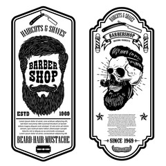 Barber shop flyer template. Barber's skull and tools on grunge background. Design element for emblem, sign, poster, card, banner.