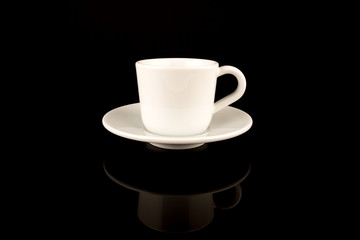 Coffee Cup, White cup isolated on black background, reflecting, centered
