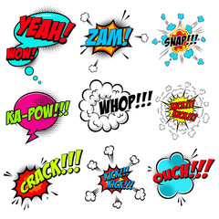 set of comic style speech bubbles with sound text effects. Design element for poster, card, banner, flyer.