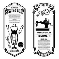 Naklejka premium Vintage tailor shop flyer templates. sew, tailor tools. Design elements for logo, label, sign, badge.