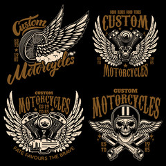 Set of racer emblem templates with motorcycle motor, wheels. wings. Design element for logo, label, emblem, sign, poster, t shirt.