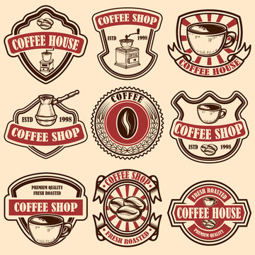 Set of vintage coffee shop emblems. Design elements for logo, label, sign, badge.