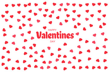 Falling valentine hearts confetti. Greeting card design. Happy Valentines Day lettering greeting card