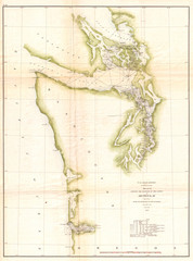 old map U.S. Coast Survey Chart Washington Coast, Puget Sound, Vancouver, 1857