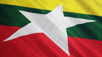 Myanmar flag is waving 3D animation. Symbol of Myanmar national on fabric cloth 3D rendering in full perspective.