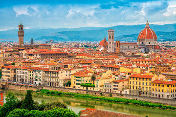 Panorama of Florence and Saint Mary of the Flower in Florence, Tuscany, Italy. Florence cityscape. Florence architecture and landmark. - obrazy, fototapety, plakaty