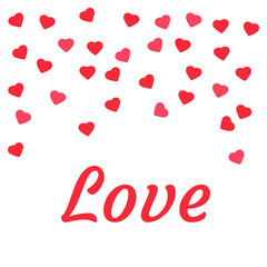 Text Love lettering for greeting card. Bright red hearts. Happy Valentines Day lettering greeting card