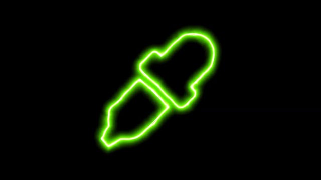 The appearance of the green neon symbol eye dropper. Flicker, In - Out. Alpha channel Premultiplied - Matted with color black