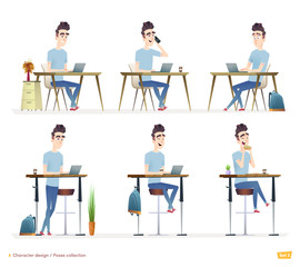 Young professional man working at his desk at home, in a cafe or office. Freelancer works.