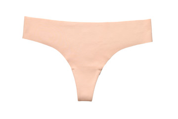 Beige seamless panties with tag  isolated on white. Space for text or design.