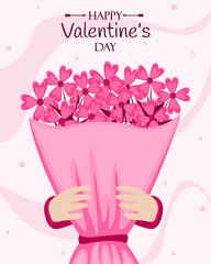 Happy Valentines day. Poster with flower bouquet. Flat vector illustration.