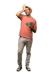 Man holding many bills has just realized something and has intending the solution on isolated white background