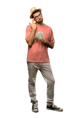 Man holding many bills with problems making suicide gesture on isolated white background