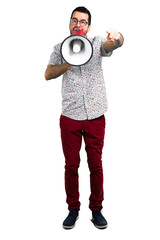 Handsome man with glasses holding a megaphone