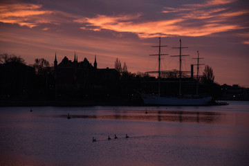 Naklejka premium Color full morning winter view over the waterfront in Stockholm 