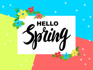 Spring season banner. Greeting card with inscription hello Spring and hand drawn watercolor flowers on modern color bright background. Design for posters, flyers, invitation, brochure, voucher discoun