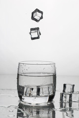 water with ice in a glass with splashes