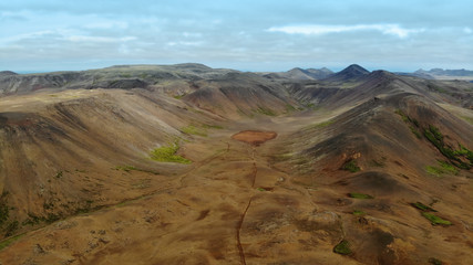 Desolate mountain landscape Reykjanes peninsula, Iceland. Aerial view shot by dji drone camera