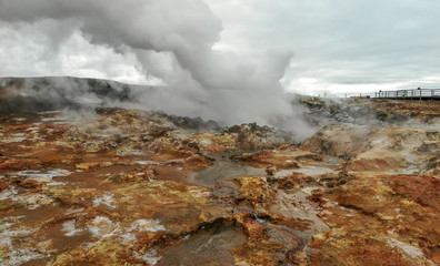 Steaming Gunnuhver hot springs at Reykjanes peninsula, Iceland. Aerial view shot by dji drone camera.