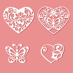 Set of laser cut hearts. Template for interior design, layouts wedding cards, invitations.