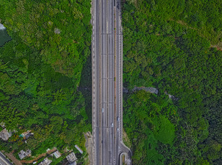 Aerial top view of Colville motorway bridge (Pont Colville) which was built above a valley located...