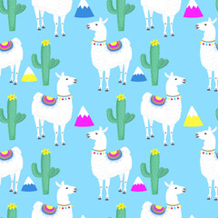Llama. Cacti. Cactus. Mountains. Funny alpaca cartoon character. Seamless pattern for nursery, fabric, textile, kids apparel.