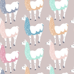 Seamless kids pattern with funny llama. Cute alpaca cartoon character for decoration nursery, design kids clothing, fabric, wrapping, textile, wallpaper