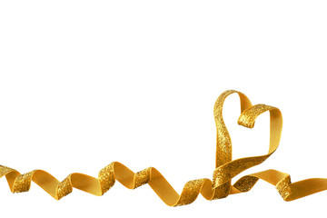 Golden present ribbon in a shape of heart isolated over white background