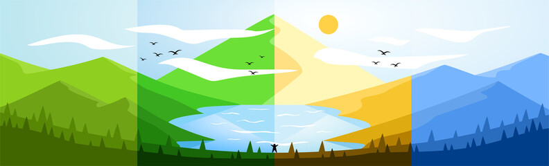 Four Seasons Landscape Illustration (Mountain & Lake) - Daytime