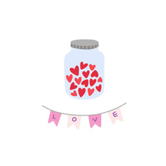 Sweet hearts in bottle jar cute vector illustration for Valentine's cards design. Wedding love concept on white background