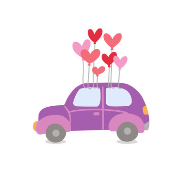 Romantic car vector illustration on white background. Wedding car for greeting card decoration