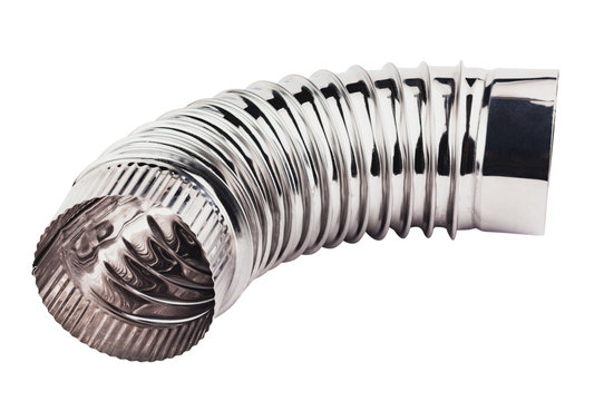 Single corrugated chrome elbow pipe for ventilation in home or office or other building isolated on white background without shadow