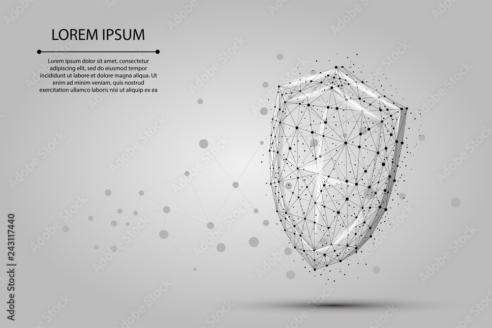 Poster abstract polygonal shield and swords. low poly wireframe vector illustration. protect and secure dig