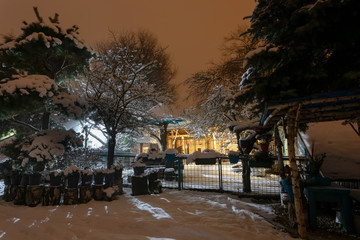 Beautiful night winter in garden with snow-covered trees and benches